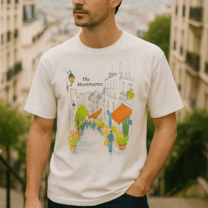 The Ai Art on this tshirt is A colorful watercolor illustration of a charming street in Montmartre, Paris, featuring a steep cobblestone path lined with quaint buildings adorned with balconies and flower boxes. Vibrant orange awnings shade outdoor cafes with tables and chairs, while lush potted plants and trees add greenery. People stroll along the street, and a traditional streetlamp stands on the left. The Sacré-Cœur basilica is faintly visible in the background, with the title "The Montmartre" written in purple at the top.
