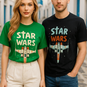 The Ai Art on tshirt depicts A stylized illustration of an X-Wing fighter from Star Wars, depicted in a minimalist cartoon style with a white and orange color scheme, featuring red accents and a "droid 9" label. The spacecraft is centered against a black background filled with small white starburst shapes. Above the X-Wing, the words "STAR WARS" are written in a playful font, with "STAR" in cream and "WARS" in orange-red.