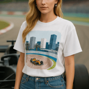 The Ai Art on t-shirt shows car racing track