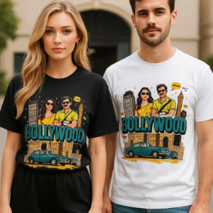 This Tshirt art is a vibrant illustration celebrating Bollywood, featuring a woman in a yellow saree and a man with a clapperboard, both wearing sunglasses. The background showcases the Eros Cinema building, a vintage car, and a stylized cityscape with arches. The word "BOLLYWOOD" is prominently displayed in bold teal and orange letters, surrounded by stars and speech bubbles with phrases like "Bud Labange" and "Harje," capturing the festive and cinematic spirit of Indian cinema.
