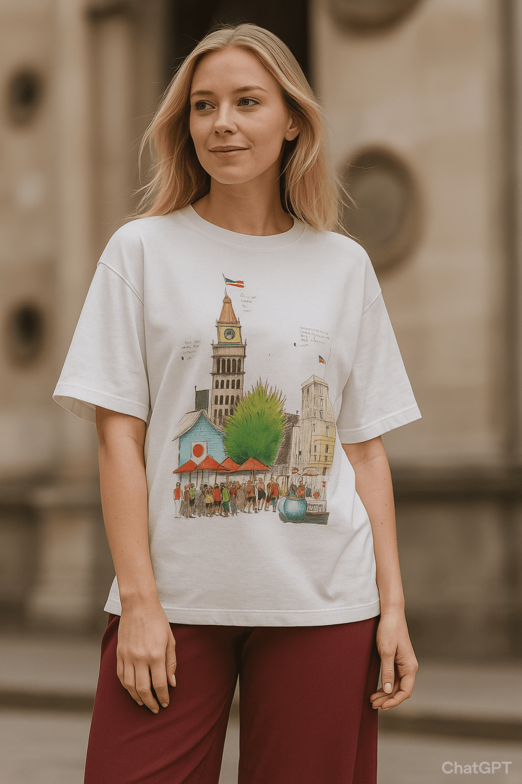 The Ai Art on the t-shirt is A vibrant watercolor illustration of a bustling urban scene featuring a tall pink clocktower with a golden spire and a green clock face, topped with a Chilean flag. Surrounding the tower are a blue building with a red sun emblem, red and pink umbrellas over outdoor cafes, a lush green palm-like tree, and a diverse crowd of people, some with bicycles. An American flag adorns a nearby building, and handwritten notes like "Danids Tflikar Touray" and "Maviar Fisney J10 102" add a personal, sketchbook-like touch. The scene is lively and colorful, blending multicultural elements with a playful, artistic style.