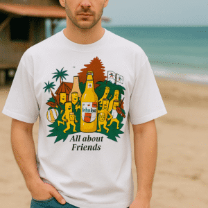 This T-shirt design is A vibrant illustration featuring a large Ichnusa beer bottle at the center, topped with foam, surrounded by cheerful yellow cartoon characters engaging in beach activities. The scene includes palm trees, a volleyball game, a guitarist, a red-roofed tent, and flags with black-and-white checkered patterns, set against a yellow background with a green leafy base. The text "All about Friends" is at the bottom, with "1975" and "Layliva Bano" adding a nostalgic touch.