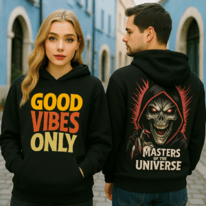 The Ai art on hoodie, shows skeleton with text masters of the universe and quote good vibes only,