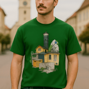 This Ai Art on the T-shirt is a whimsical watercolor illustration of a yellow house with a green roof and blue accents, topped by a tall, dark lighthouse with small windows. The house features a small garage, a fenced yard with grass, and a chimney, surrounded by oversized white flowers with blue centers and a stylized tree. Handwritten notes at the bottom read "new quarter kinies yeel thunder mask," adding a mysterious touch to the surreal, hand-drawn design.
