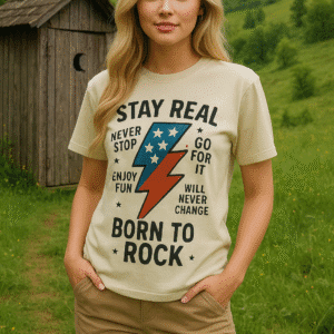 This mytoads T-shirt is a a vibrant artwork featuring a bold lightning bolt split into blue and red sections with white stars, resembling the American flag. Surrounding the bolt are dynamic phrases in rugged black typography: "STAY REAL" at the top, "NEVER STOP" and "GO FOR IT" on the right, "ENJOY FUN" and "WILL NEVER CHANGE" on the left, and "BORN TO ROCK" at the bottom. The background is a creamy beige with scattered red, blue, and black dots and small stars, adding a playful texture.