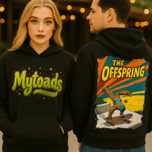 Ai Art hoodie, THE OFFSPRING" explodes in bold yellow and red block letters against radiating orange, blue, and yellow striped rays like speed lines or sound waves.