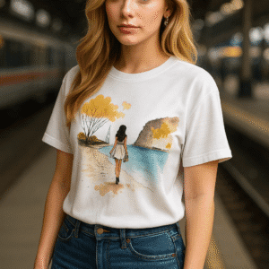 The Art work on the t-shirt. A watercolor-style illustration of a woman walking along a serene beach, holding a basket, and wearing a flowing dress and high heels. She faces away, with long dark hair, as she moves toward a calm sea with a docked sailboat and a small pier. To her left, a tree with golden autumn leaves stands near a building, while a rugged cliff with sparse vegetation rises on the right. The scene features soft hues of ochre, teal, and earthy browns, creating a dreamy, nostalgic atmosphere.