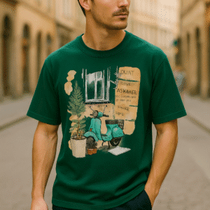 The Ai Art on this Tshirt is A whimsical watercolor illustration featuring a teal scooter parked beside a large potted plant with lush green foliage. The background includes a dark-framed window and soft beige and brown hues. Smaller pots and a mat are scattered at the base of the plant. Handwritten text in various colors,
