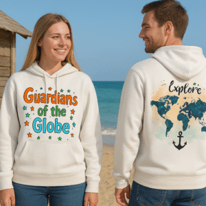 Ai art on hoodie, explore the world map and text guardians of the globe on front side