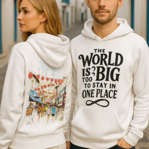 The Ai art on hoodie is a A vibrant watercolor sketch of a bustling Asian street market under a canopy of dangling red lanterns, with weathered shophouses lining the narrow alley. In the foreground, a guitarist in a wide-brimmed hat strums an acoustic guitar amid a diverse crowd of pedestrians in colorful casual attire, chatting and shopping, against a soft blue sky.