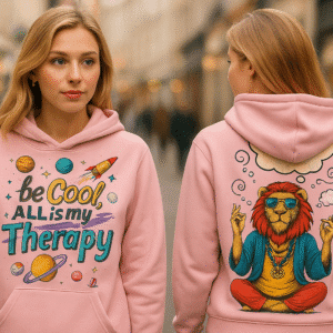 The ai art on hoodie depicts a vibrant, whimsical fusion of a majestic lion — traditionally the symbol of strength, royalty, and raw power — with the ultimate archetype of peace, relaxation,