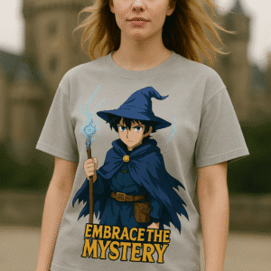 the art on t-shirt depicts wizard from lord of rings , its mysterious and captivating